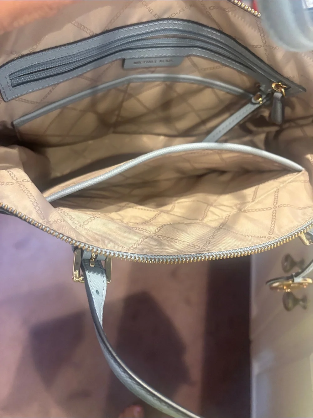 Michael Kors Pale Blue Saffiano Leather Tote with Gold MK Charm